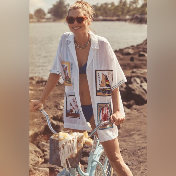 Celandine Tops - Anthropologie x Celandine Embroidered Postcard Boxy Buttondown Shirt, NWOT